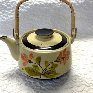 Vintage Floral Ceramic Teapot with Wicker Handle